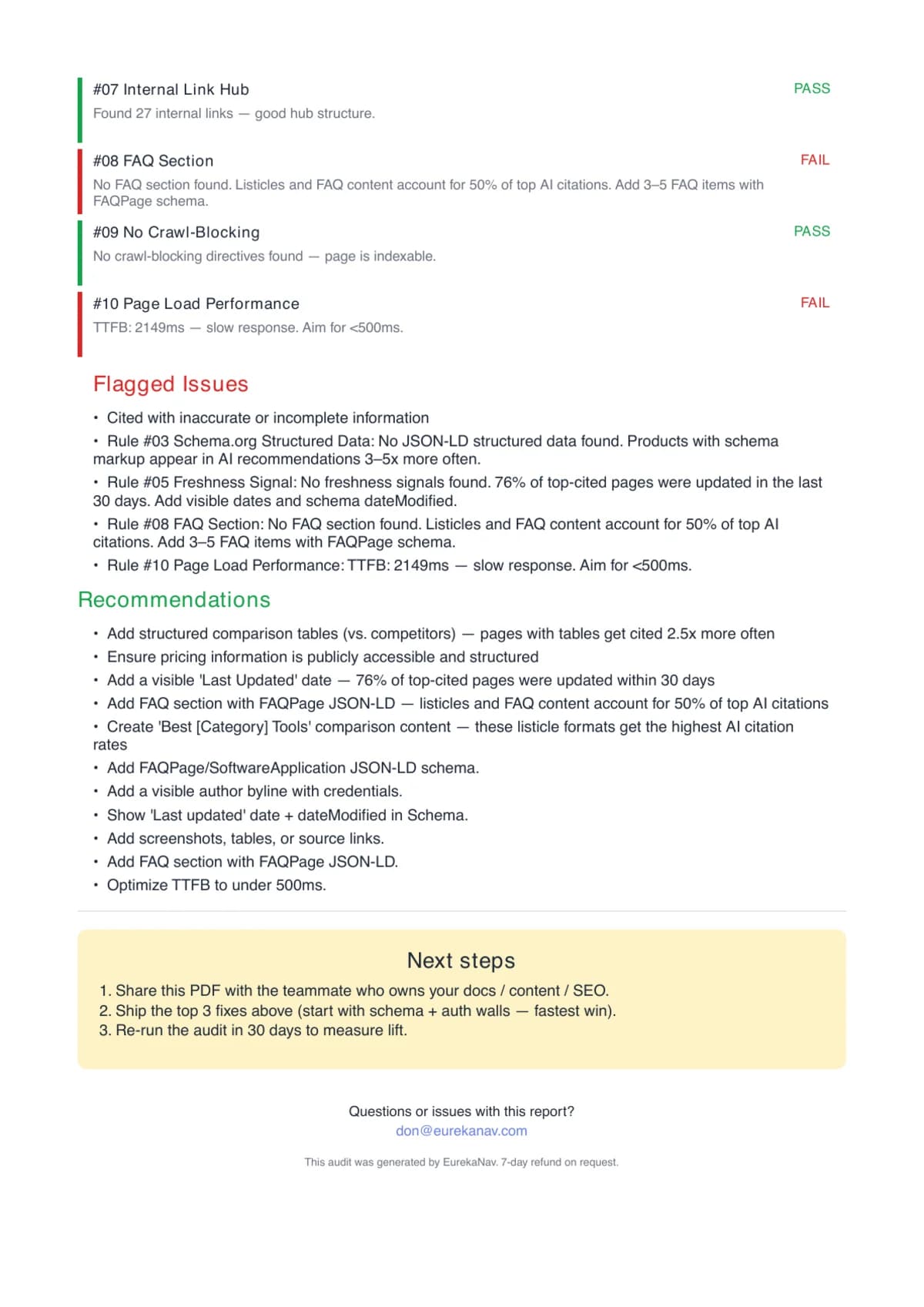 Page 3 of the EurekaNav AI visibility audit PDF — Prioritized fix plan with page-level diagnosis